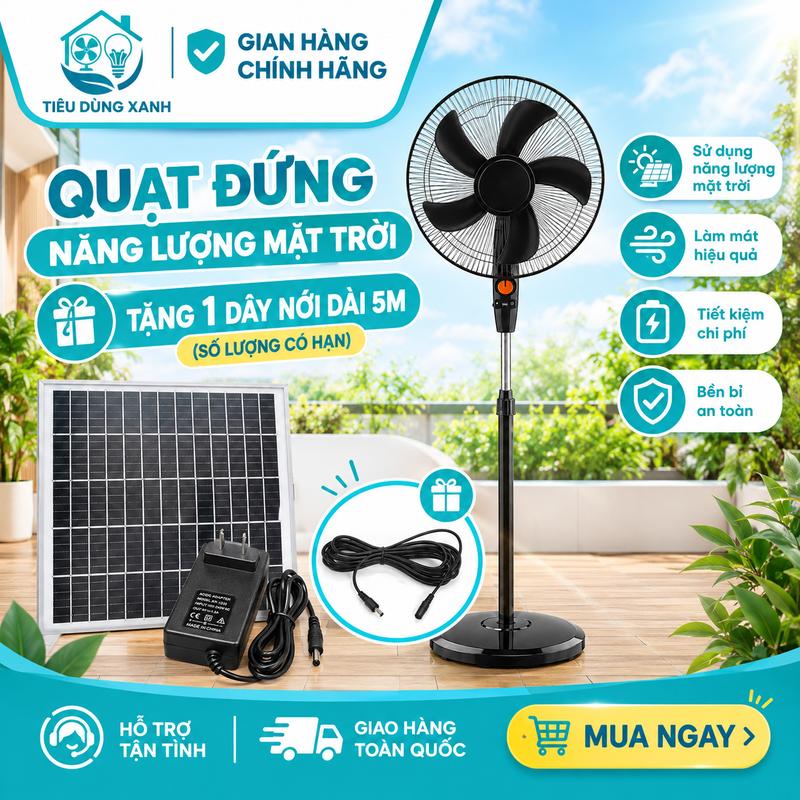 Quạt Đứng Năng Lượng Mặt Trời Tích Điện 16 Inch 5 Cánh Tặng Dây Nối Solar 5M Tiết Kiệm Điện