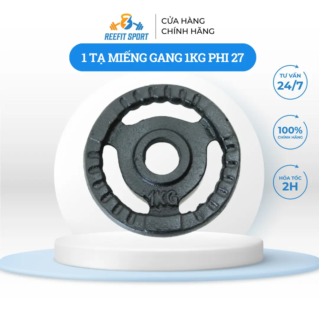 Tạ miếng gang tạ bánh gang 3 lỗ Reefit màu đen 1kg - 2kg