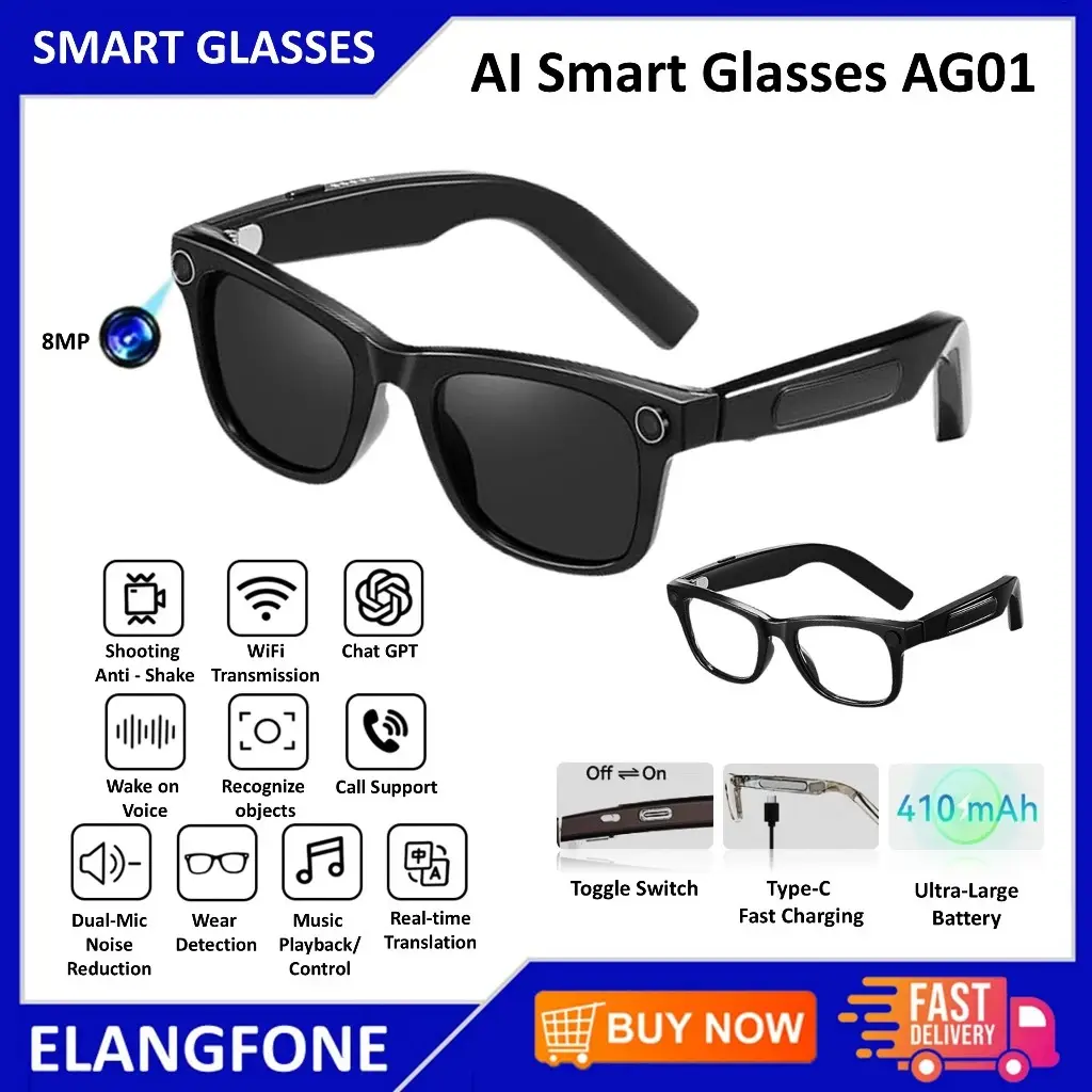 AG01 Smart Glasses AI Kacamata Pintar dengan Kamera 8MP AI Voice Assistant Translator