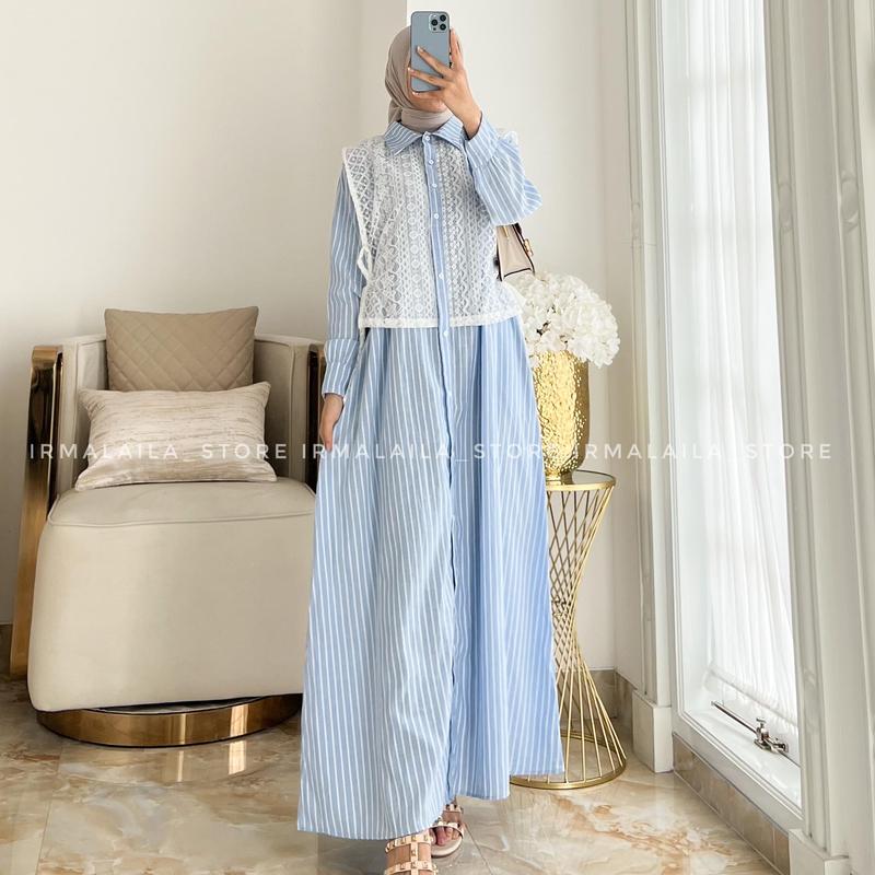 Irmalaila - Midi Costle Cotton Salur Stripw Mix Lace Dress Muslim Gamis Wanita Lembut Nyaman Panjang 3