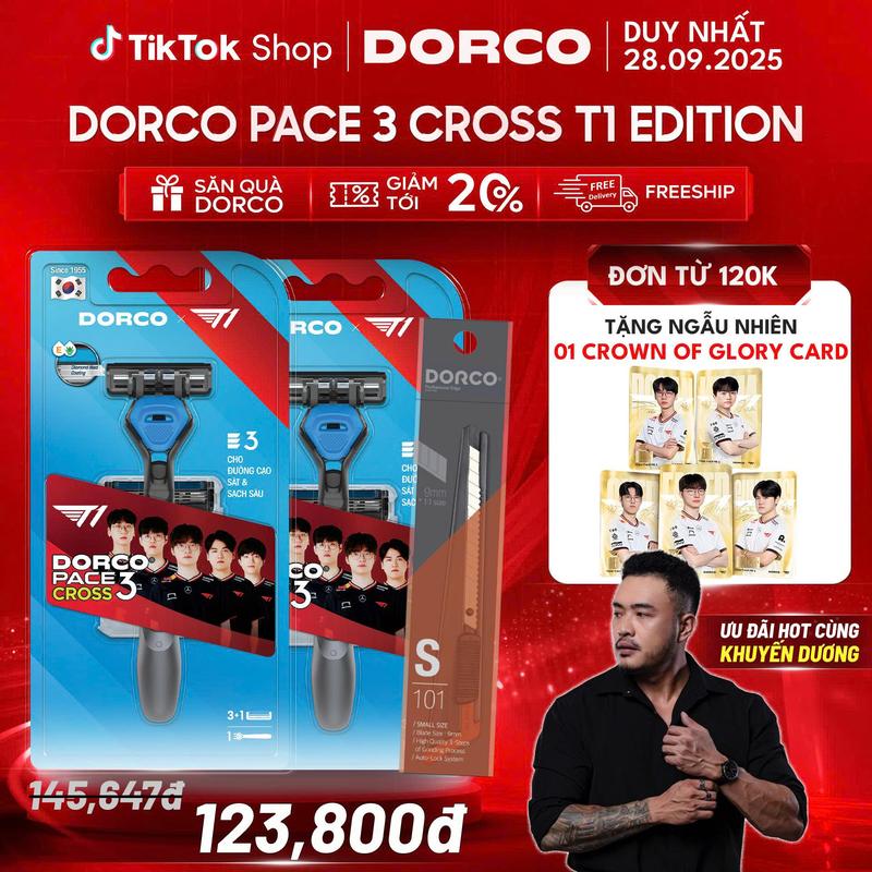   27.10 Tặng GOLD CARD  Combo 2 Bộ Dao Cạo Râu Hàn Quốc 3 Lưỡi DORCO PACE 3 CROSS T1-Edition + Dao Rọc Giấy DORCO 