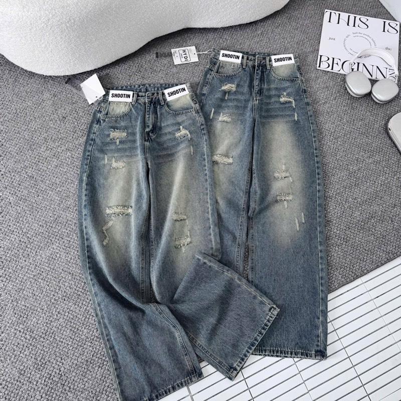  Quần Jean Ống Suông Nữ - Quần Jean Ống Rộng Kiểu Dáng Basic Rách Nhẹ Kèm Tag Da Xịn Xò Dài 103CM MS HD5039 