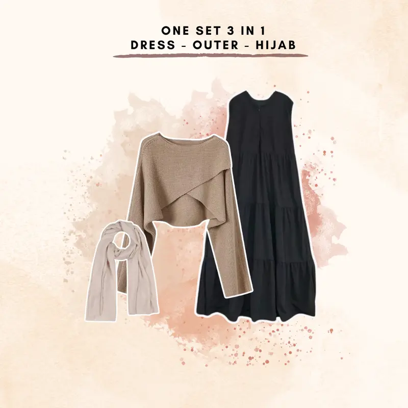 Cerrly One Set 3 in 1 ( outer - dress ruffle - hijab ) set Outfit Wanita / Remaja OOTD Fashion Korean Style - BH82 1