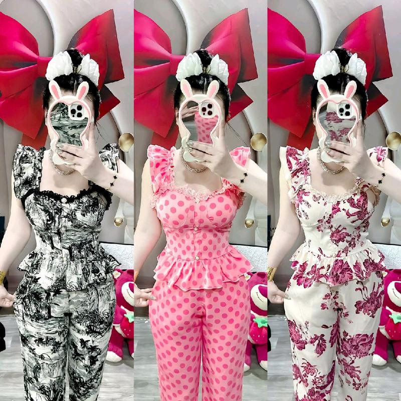 [Quần ống ôm] sét bộ nữ cánh tiên bảng nhỏ  phối bèo voan  quần ôm có túi dưới 65 kí , vải mango top