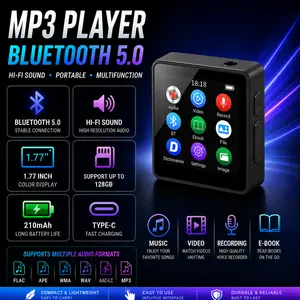 MP3 Player Digital Bluetooth 5.0 HiFi 1.77 Inch Audio Video Recorder Support 128GB FLAC APE WMA WAV AAC-LC Baterai 210mAh Type C Rechargeable Portable Music Player