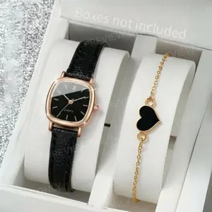 Set Jam Tangan Wanita Trendy Gelang Black Heart Minimalis
