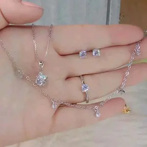 Set perhiasan dewasa silver permata satu rombe elegan fhasion perhiasan Gold Aksesoris cincin gelang serut dan kalung 1