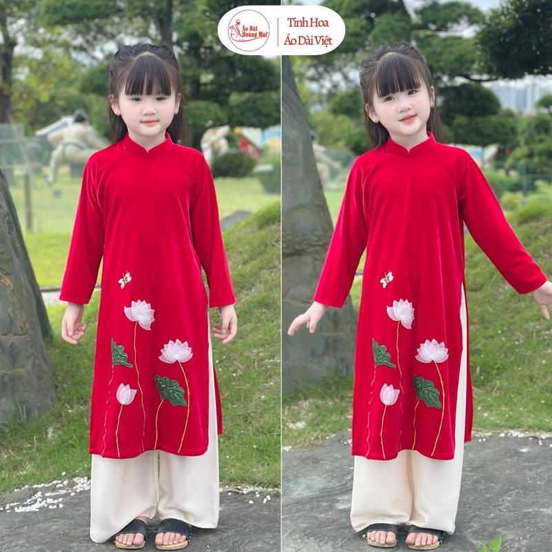  Áo dài đỏ cách tân bé gái vải Nhung thêu Hoa Sen  - Mặc Tết Đi Lễ Chụp Ảnh- Áo Dài Hoàng Mai 