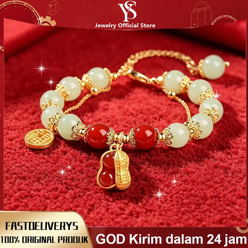 YSJEWELRY - Gelang Giok Merah Kacang Tanah, Gelang Perak Anti Karat & Anti Hitam, Perhiasan Fashion Wanita Giok Impor