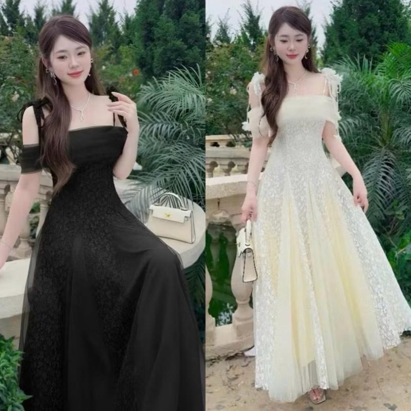   NEW DTD  Đầm Tiệc Bigsize Ren Hoa Phối Lưới 2 dây Bẹt Vai Bigsize 60 đến 90ký Chất Vải Lưới Phối Ren Dáng Dài Có màu Đen Kem Để Đi Tiệc Hoặc Đi Chơi 