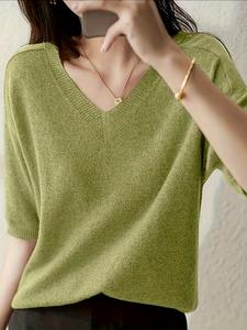 Camiseta de mujer de manga corta tejida nueva, delgada y holgada, cuello en V, efecto estilizador, de alta calidad y transpirable, estilo casual elegante
