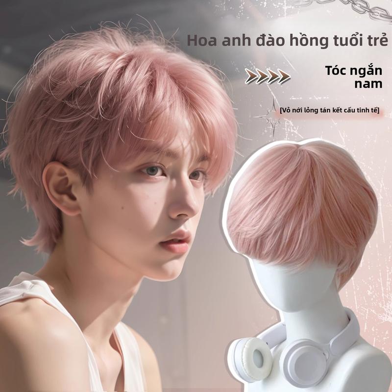 Tóc giả tóc giả tuổi teen tóc giả thời trang thanh thiếu niên tóc giả nam Hàn Quốc tóc ngắn cosplay trang điểm tóc giả màu hồng cho nam và nữ