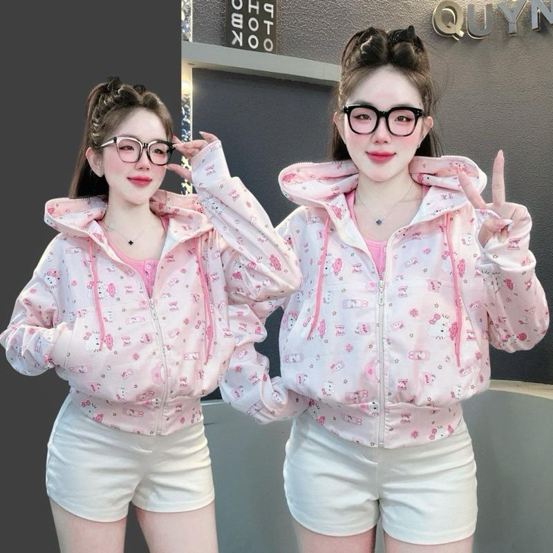 QUỲNH HÍ | Áo khoác thun gân 6 túi hoạ tiết xinh iu dễ thương cho nữ, jacket top women