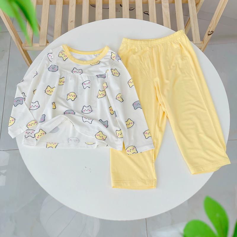 Đồ ngủ cho bé gái 95% sợi sồi Modal Ice Cool Lá Homewear A283, bộ dài tay cho bé mềm mướt mát lạnh babydoll họa tiết mèo