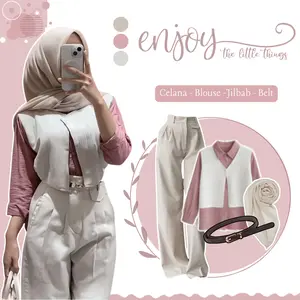 One Set Wanita Remaja 4in1 Kekinian ( Atasan Blouse - Oro Pants - Belt - Jilbab Segiempat ) Elegant Outfit ZL77N