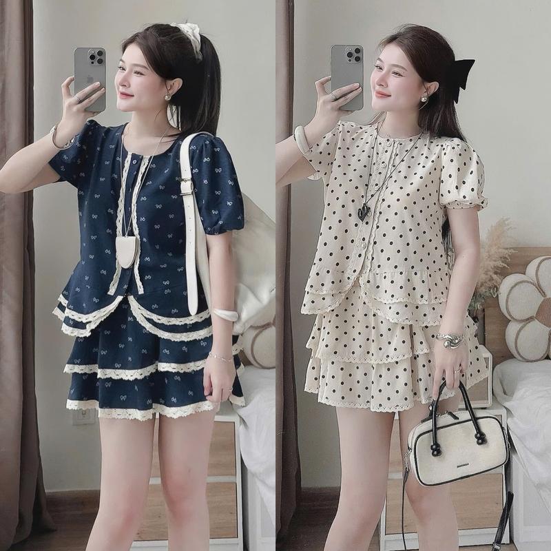 Set đồ nữ tiểu thư áo thiết kế cổ tròn tay ngắn bồng phối viền ren kèm chân xếp tầng [Có Lót] sang chảnh dành cho các nàng diện đi chơi.