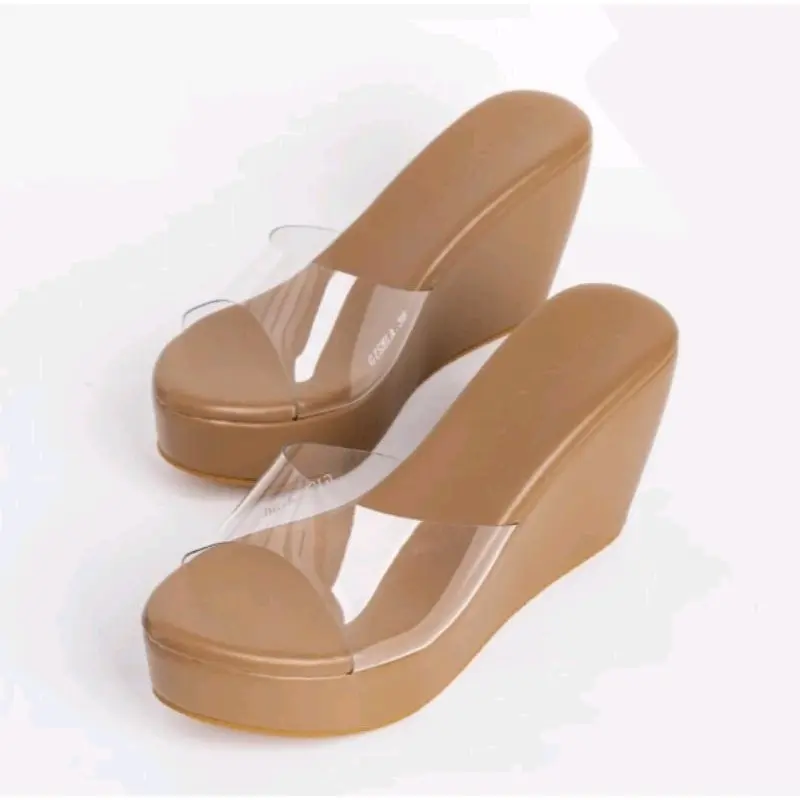 sandal slop wanita wedges mika transparan 9 cm Karet