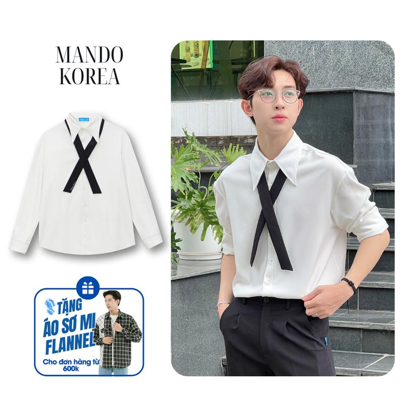 SHT025 Áo Sơ Mi Trắng Dài Tay MANDO Kèm Cà Vạt Bấm Cúc Chất Liệu Vải Chéo Hàn Thiết Kế Cổ Áo To Bản Cá Tính Menswear Shirt Có Cổ