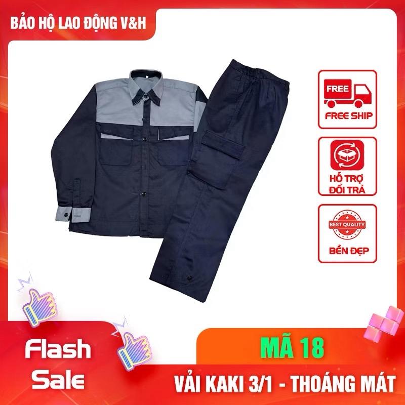  Quần Áo Bảo Hộ Lao Động Nam Dài Tay Mã 18 - Có Cổ Sơ Mi Quần Túi Hộp Vải Kaki 3 1 Dày Dặn Bền Bỉ Thoáng Mát Chống Nắng Nóng Tốt 