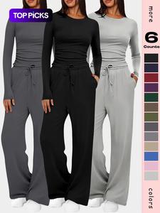 Conjunto de 2 piezas para mujer para otoño e invierno, conjuntos de descanso, blusas fruncidas de manga corta, pantalones de cintura alta y pierna ancha, conjuntos de chándal