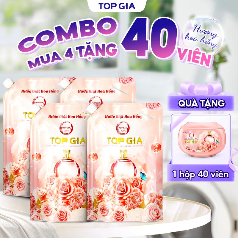 [COMBO MUA 4 TẶNG 40] Combo Mua 4 Túi Nước giặt Hương Hồng 1L tặng 1 Hộp viên giặt Hương Hoa Hồng 40 viên, Nước giặt xả quần áo làm sạch, làm mềm vải và lưu hương dài lâu 72H