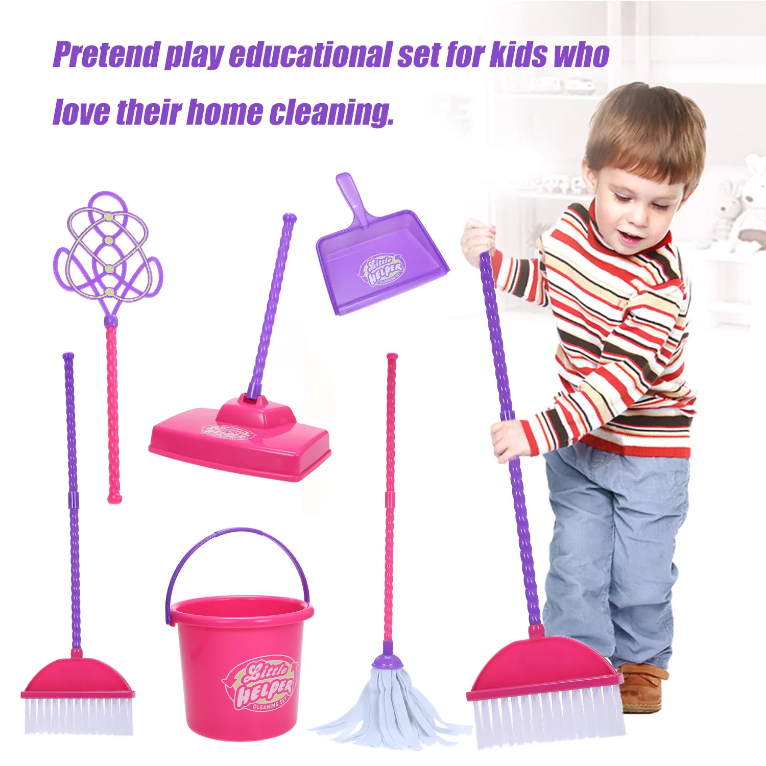 Kids Cleaning Set , Detachable Toys for Toddlers, Broom Dustpan Mop Brush Duster Rag Sponge and Hanging Stand, Pretend Play Household Tools Gifts for Age 3-8