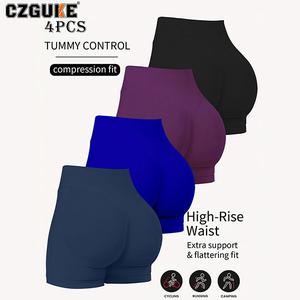 CZGUKE bermudas de gimnasio para mujer, bermudas de ejercicio en bicicleta, bermudas de yoga con cintura baja de 4,5 inch, leggings deportivos, leggings sin costuras en la cadera, conjunto de yoga para mujer de cuatro pzas