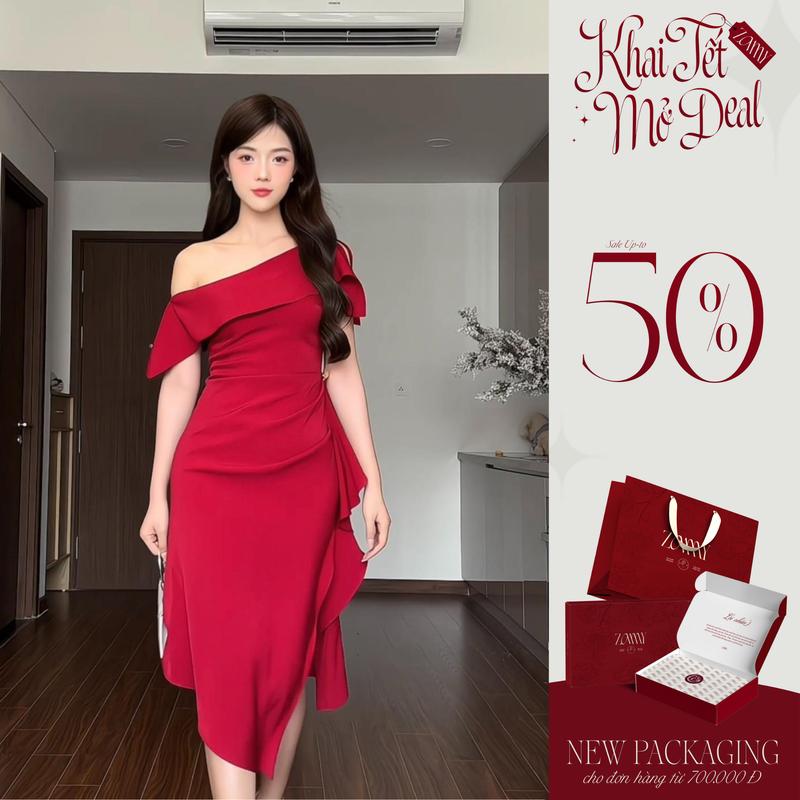 ZAMY SHOP - Váy TK lệch vai vạt bèo xẻ đầm đi tiệc đẹp cho nữ đầm dáng dài váy đi ăn đám cưới