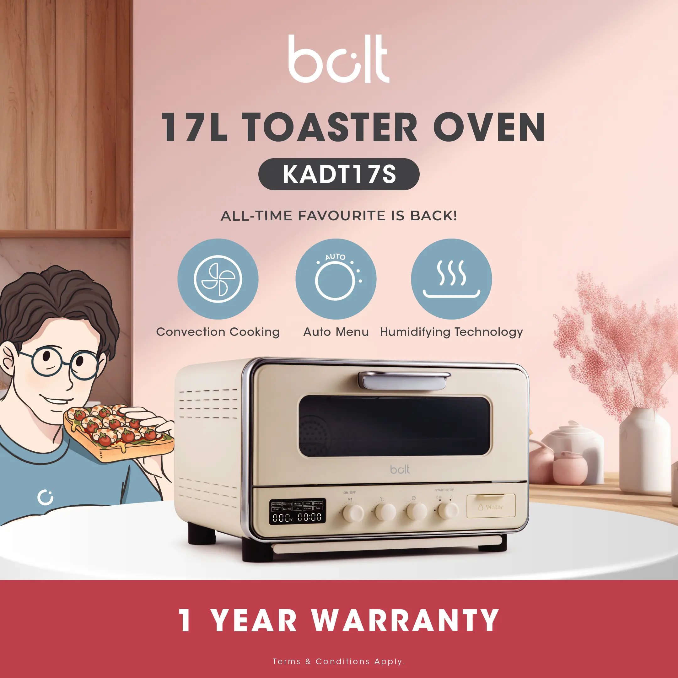 Bolt Toaster KADT17S | 17L Multi-Function Cream Oven Toaster