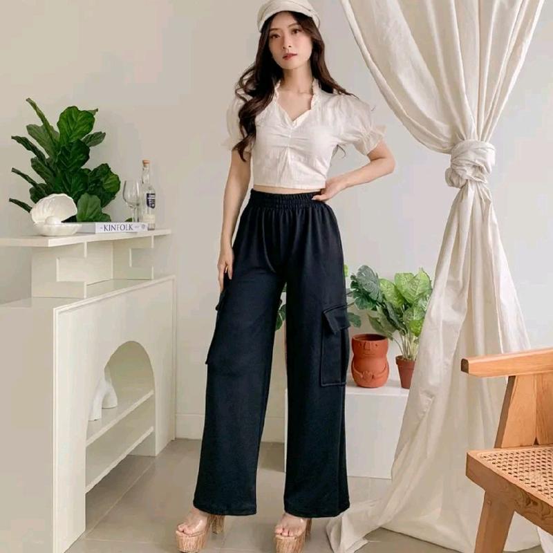 Jooly Up Cargo Sweatpant Korean Style Celana fleece Kargo Kantong Banyak Wanita Ukuran Jumbo 4