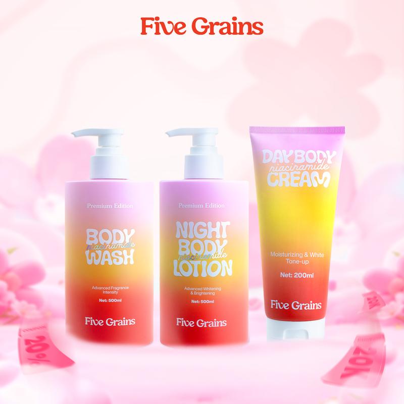 I Bộ ba giúp dưỡng trắng chuyên sâu Niacinamide Alpha-Arbutin Five Grains Sữa tắm 500ML & Kem dưỡng nâng tone ban ngày 200ML & Kem dưỡng ban đêm 500ML - A08