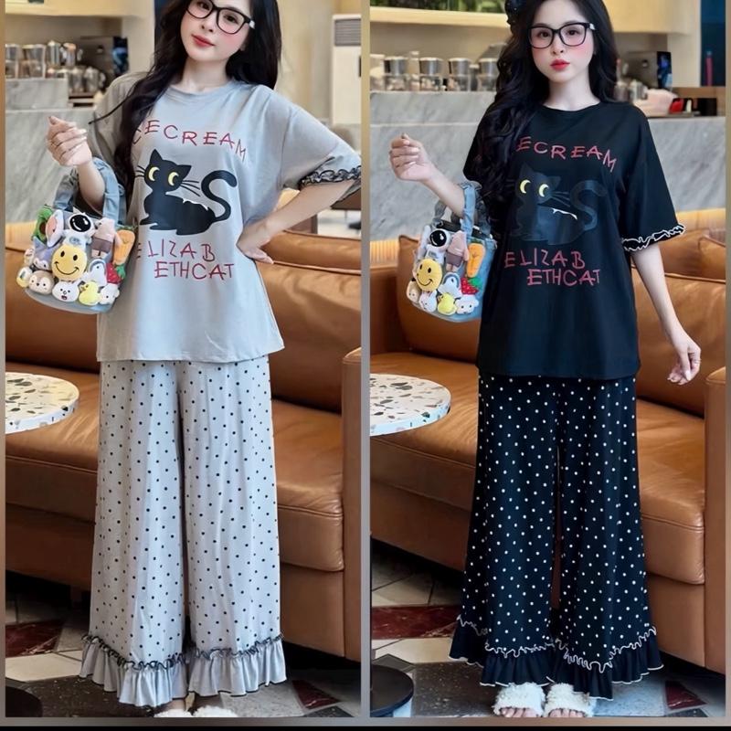 SÉT ĐỒ SUÔNG NỮ THUN TĂM QC TIỂU THƯ QUẦN ỐNG SUÔNG CHẤM BI PHỐI BÈO CÁCH ĐIỆU IN MÈO THUN CO GIÃN BIGSIZE Áo Nữ Women Top Đen Freesize từ 40–85KG