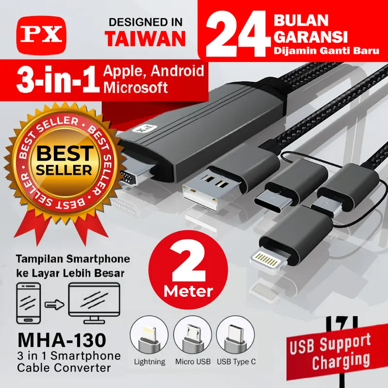 Kabel HDMI ke Type C USB/Micro/Lightning Converter 3in1 2 Meter Bisa Semua HP PX MHA-130 0