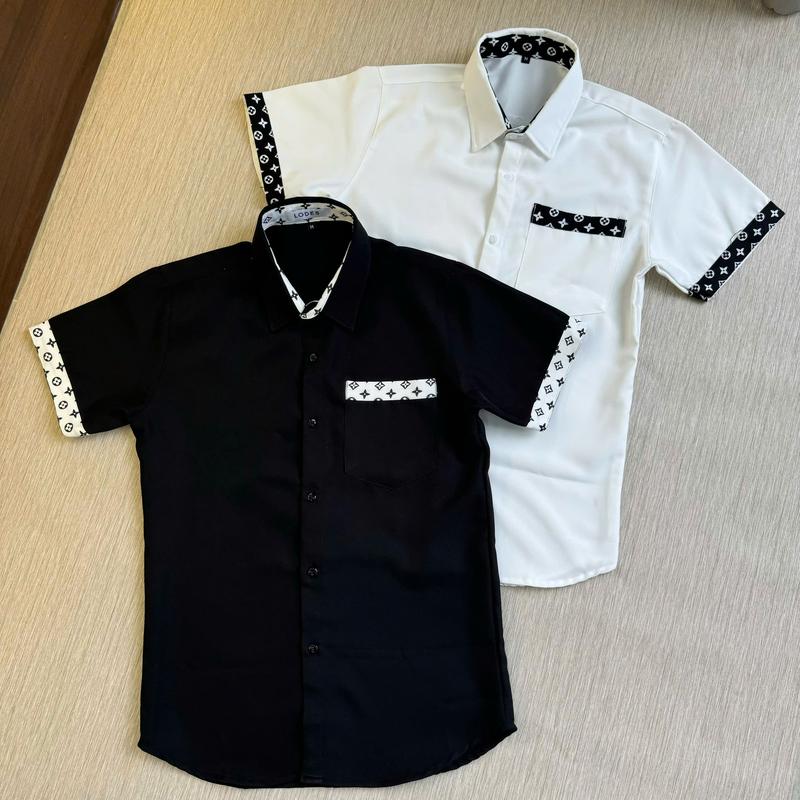  Áo sơ mi nam tay ngắn phối viền cổ viền tay có túi chất vải lụa dày dặn Form đứng Boy phố Menswear Top 