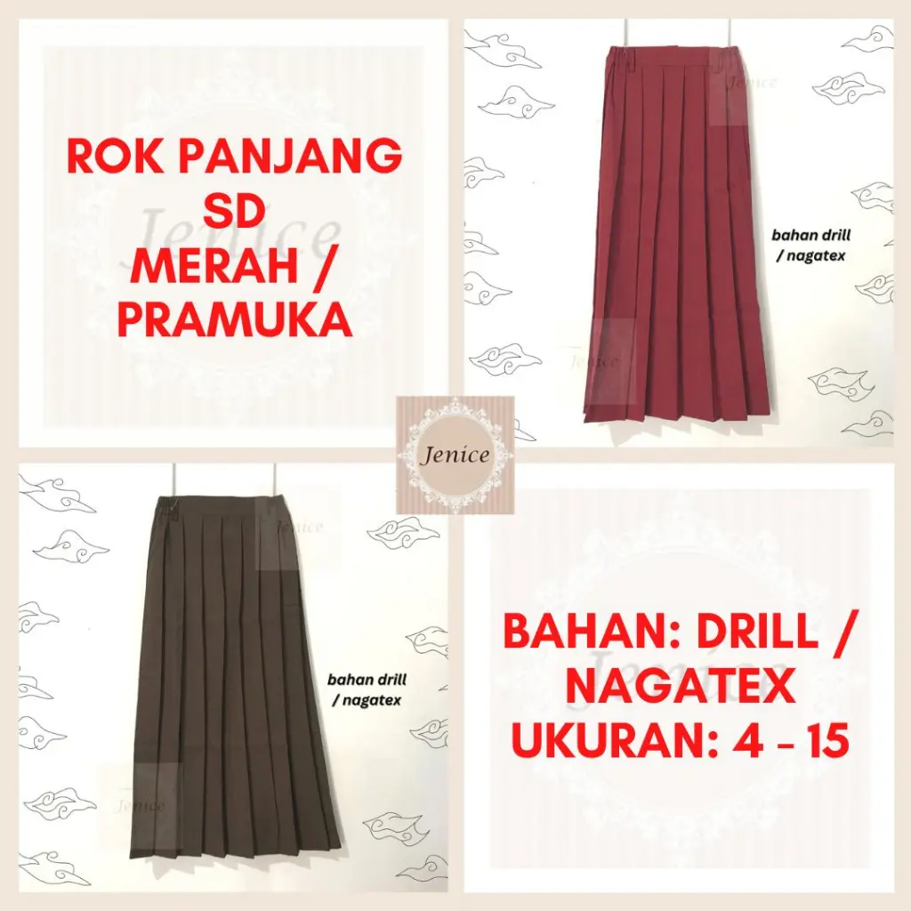 Seragam Sekolah Rok Panjang Merah / Coklat Pramuka / Putih Ritsleting Pakaian Anak Perempuan SD