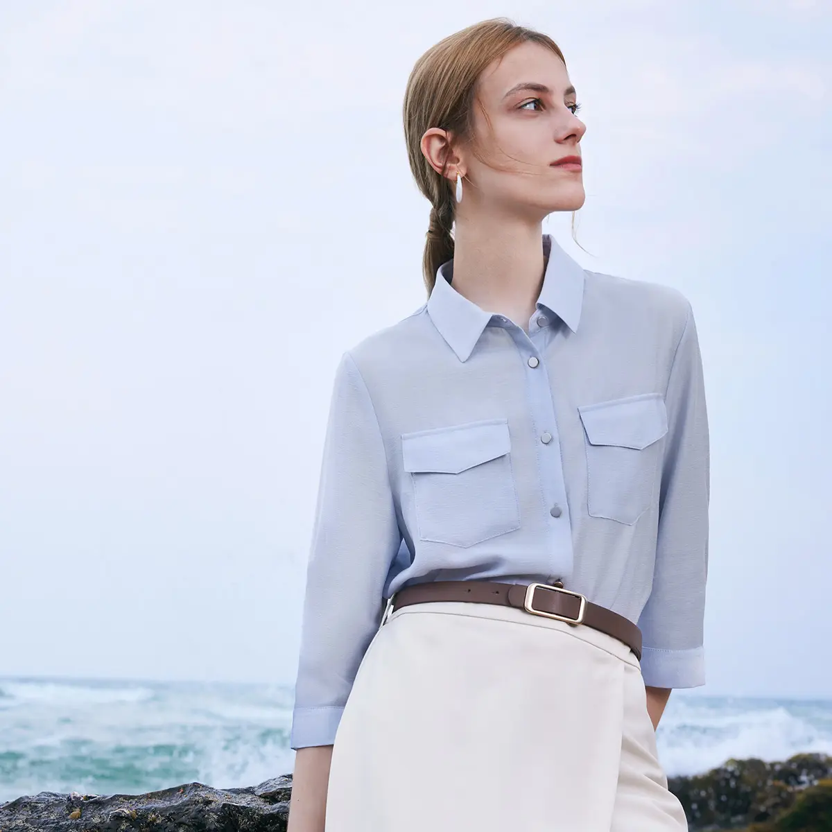 Acetate Shirt And Half Women Skirt Two-Piece Set With Leather Belt Fit Womenswear