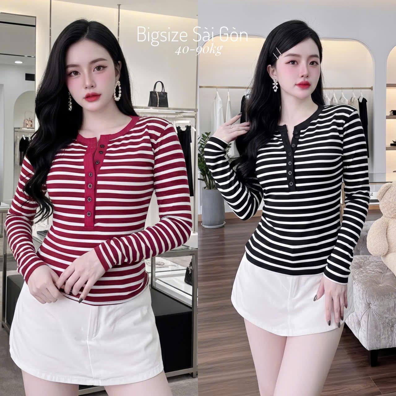 Bigsize Sài Gòn Áo Thun Nữ Tay Dài Phối Nút Thời Trang Noel Vải Sọc Rip Cao Cấp Thanh Lịch Bigsize 45–90kg Dễ Thương Nữ Women Top Nhung - B.1679