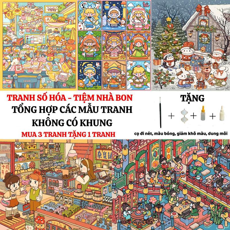 TRANH TO-KHÔNG CÓ KHUNG Tranh tô màu số hoá CUTE sẵn màu cọ vẽ tặng dung môi màu bóng bút xoá số và cọ chuyên dụng - Mua 3 tranh tặng 1 tranh