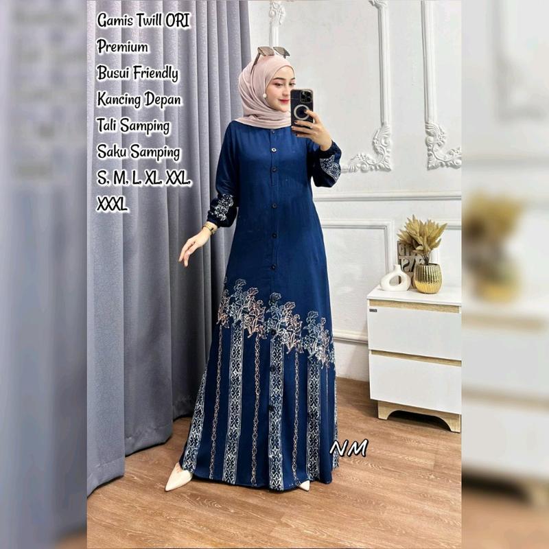 Gamis Twill Ori Muslim Premium Pekalongan Lengan Panjang Model Kancing Depan Busui Friendly Dress Batik Wanita Dewasa Modern Murah Tali Samping 7