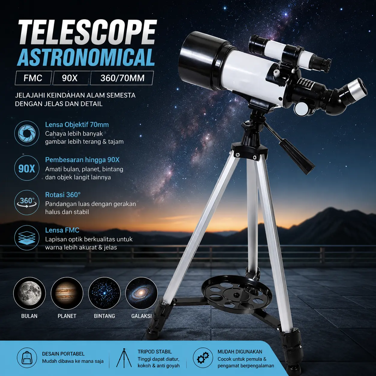 Eyebre Teropong Bintang Astronomical Telescope FMC 90X 360/70mm - F36070