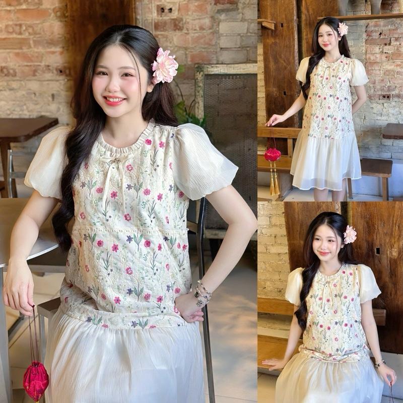 Đầm bầu Tết Moni hoa thêu cổ xếp tay phồng điệu đà tiểu thư cho mẹ mang Tết đi tiệc đi làm