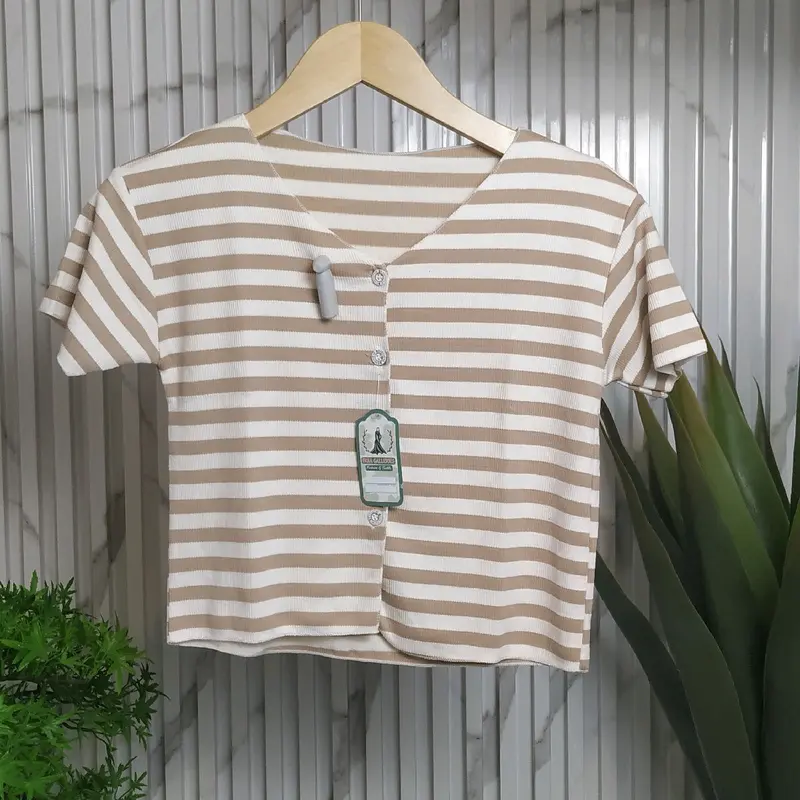 CROP TOP LENGAN PENDEK MOTIF GARIS GARIS KOREAN STYLE Wanita Atasan Baju Kaos Lembut Nyaman 1