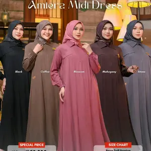 Fee Fashion Amiera Midi Dress Rayon Twill Premium Busui Friendly & Wudhu Friendly All Size Black Coffee Blossom Mahogany Stone