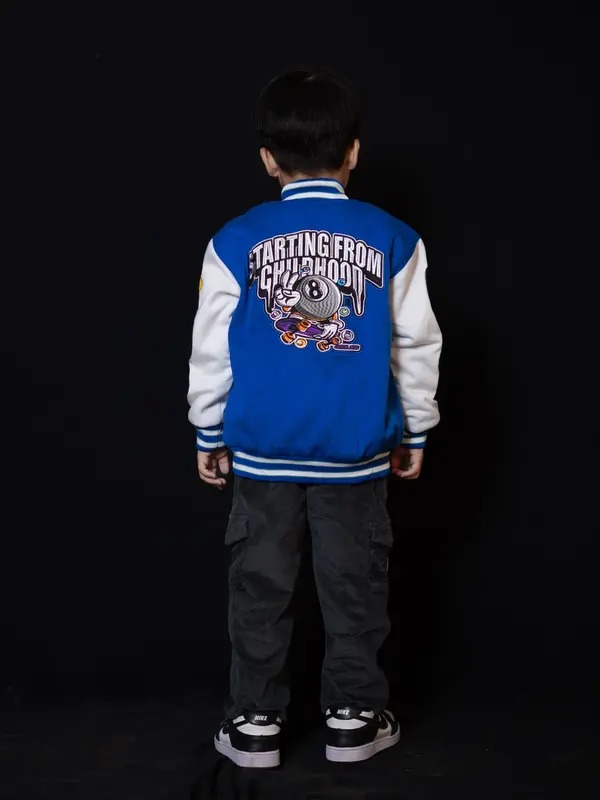 jaket varsity / baseball anak biru full Bordir billiard Motif Fashion 4