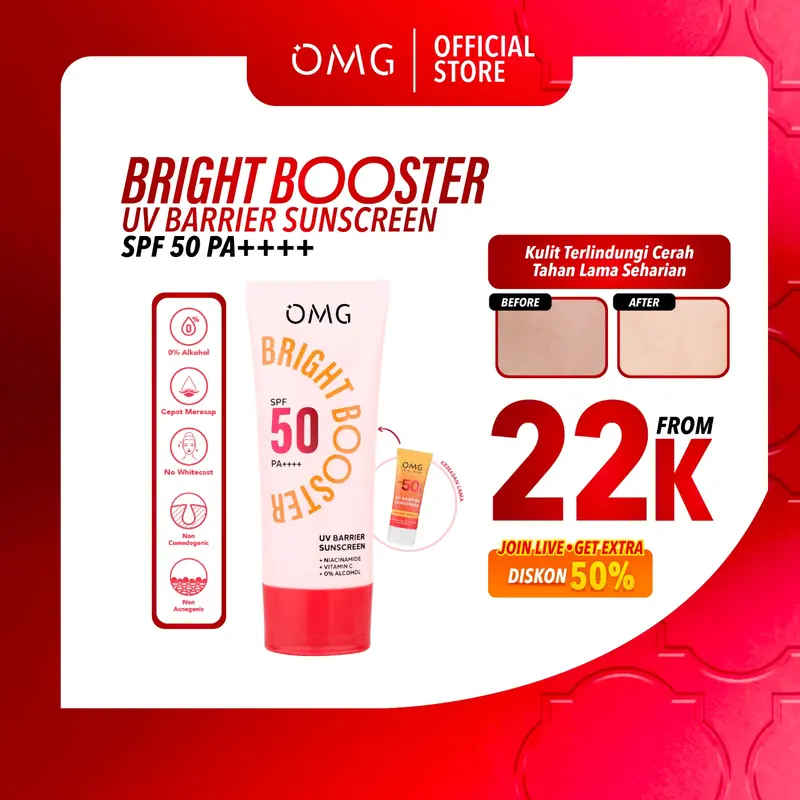 [6.6 MEGA SALE] OMG Oh My Glow Bright Booster UV Barrier Sunscreen 25 Ml SPF 50 PA+++  - Untuk Semua Jenis Kulit - Tone Up Sunscreen - Ringan, Cepat Meresap, Cerah Instan - Mengandung Niacinamide & Vitamin C - Sunblock, Tabir Surya 0