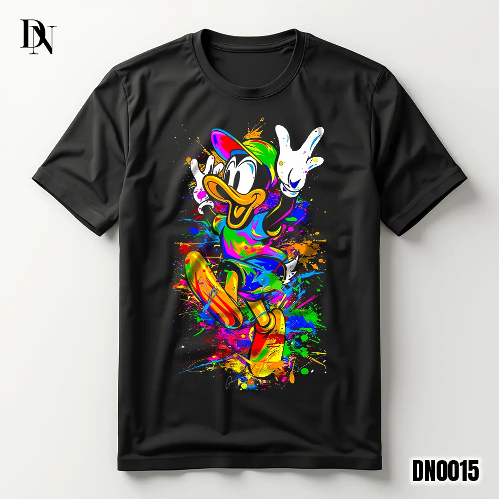 DNTK0015 - T-Shirt Gaya Pria Wanita - Kaos Motif Donald Duck Bebek Warna Warni - Black Combed Katun