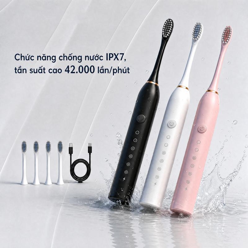 Bàn chải đánh răng điện siêu âm lông mềm, dùng chung cho nam và nữ Thương Hiệu Mới6Bàn chải đánh răng điện sạc pin có điều chỉnh độ cứng lông Tặng kèm4Đầu bàn chải lông mềm