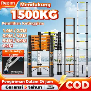 Reaim Tangga Telescopic Aluminium Folding Ladder 1.9M-6M Multifunctional Telescopic Ladder Portable Straight Ladder Silver Orange