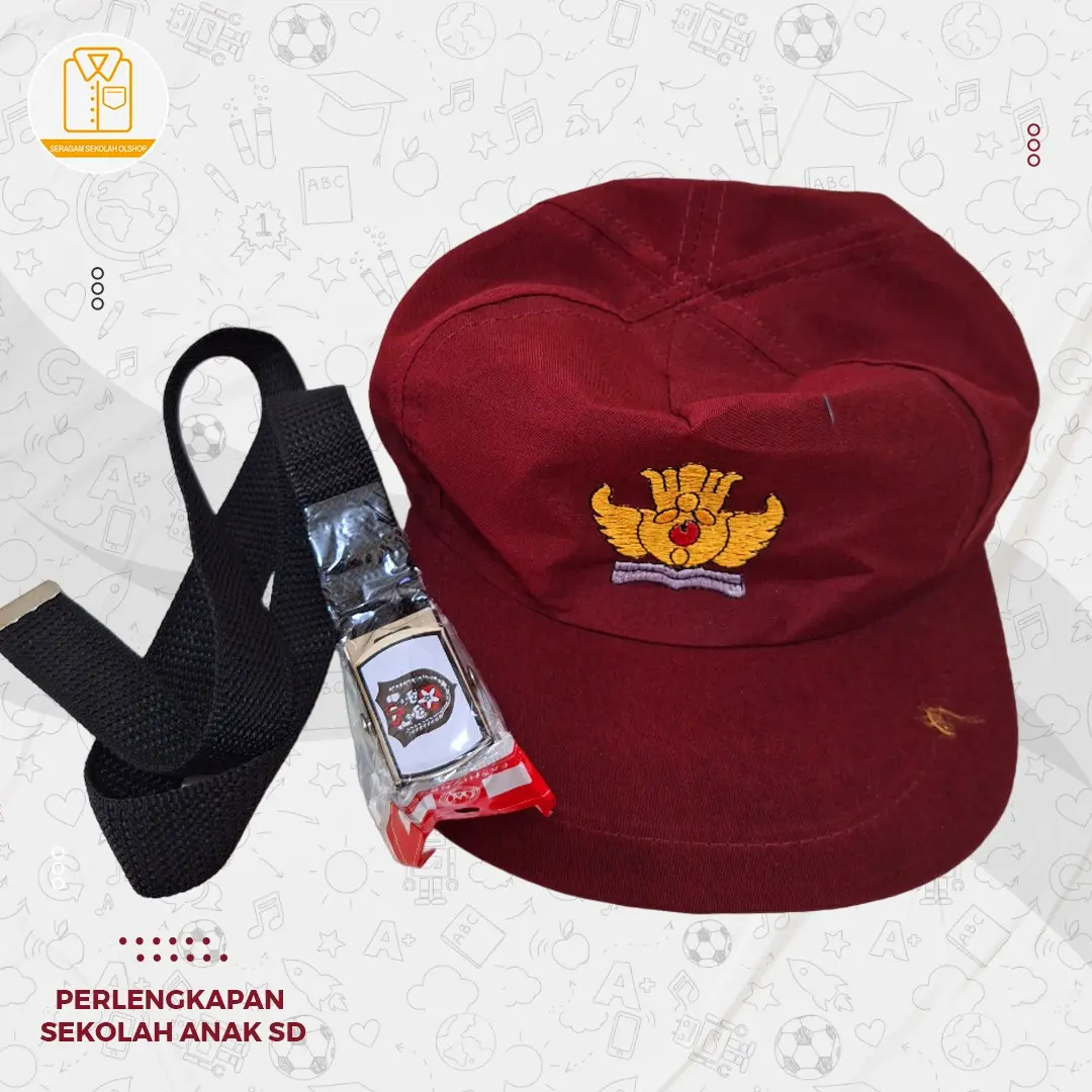 topi merah sd dan ikat pinggang sd logo tut wuri handayani di bordir // topi sekolah Seragam