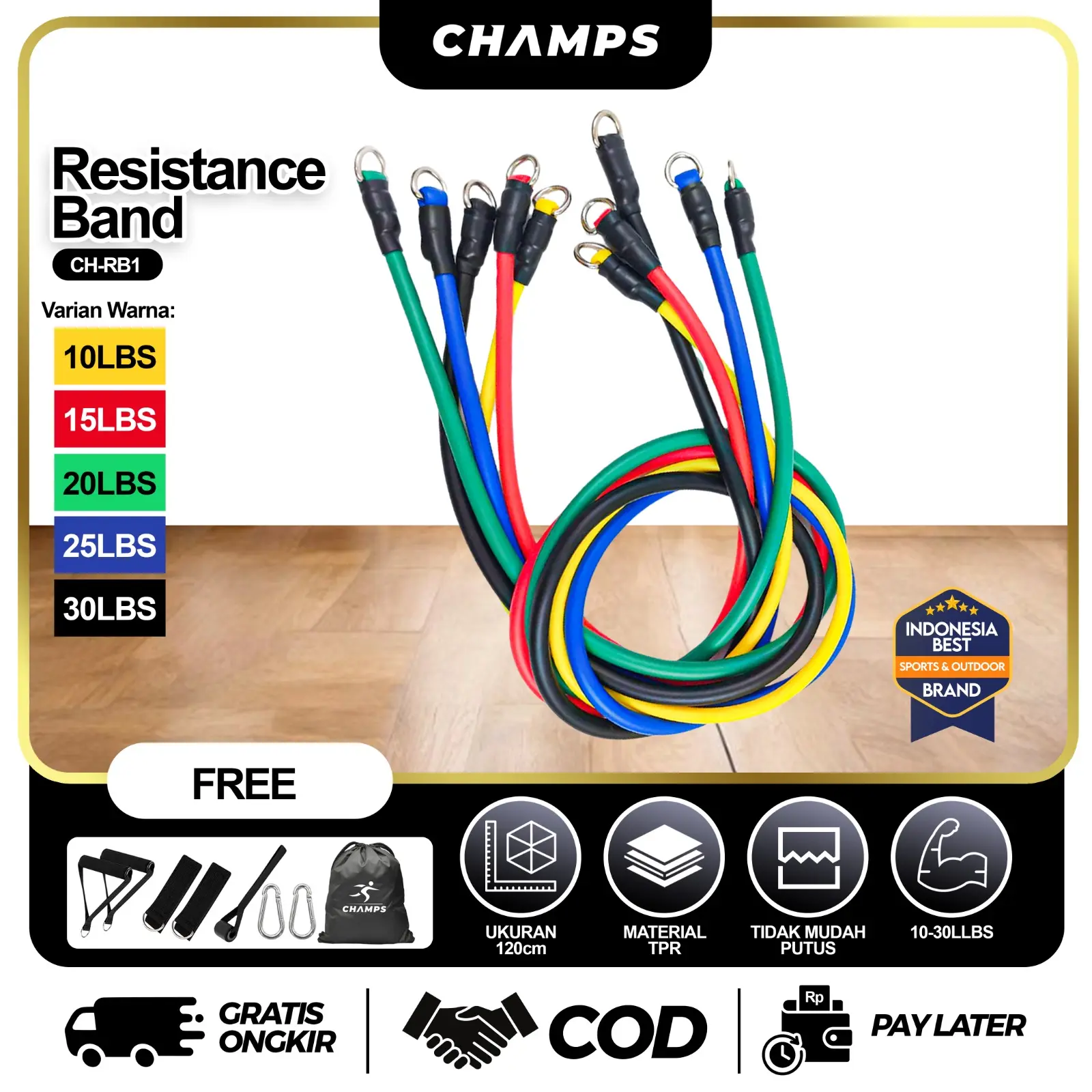 CHAMPS Resistance Bands 11 in 1 Set Alat Olahraga Otot tali Pembantu Fitness Gym Power CH-RB Outdoor